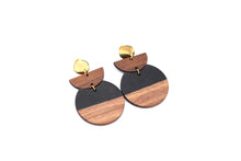 Load image into Gallery viewer, Black Resin & Wood Crescent Dangle Earrings