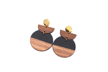 Load image into Gallery viewer, Black Resin & Wood Crescent Dangle Earrings