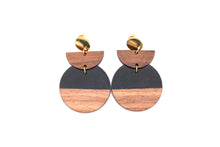 Load image into Gallery viewer, Black Resin & Wood Crescent Dangle Earrings
