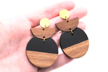 Load image into Gallery viewer, Black Resin & Wood Crescent Dangle Earrings