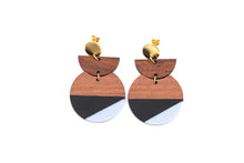 Load image into Gallery viewer, Black & Gray Resin & Wood Crescent Dangle Earrings