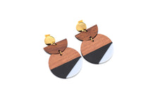 Load image into Gallery viewer, Black & Gray Resin & Wood Crescent Dangle Earrings