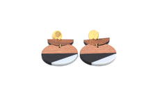 Load image into Gallery viewer, Black & Gray Resin & Wood Crescent Dangle Earrings