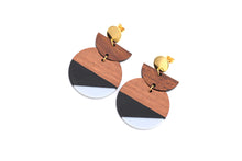 Load image into Gallery viewer, Black & Gray Resin & Wood Crescent Dangle Earrings