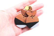Load image into Gallery viewer, Black & Gray Resin & Wood Crescent Dangle Earrings
