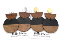 Load image into Gallery viewer, Black Resin & Wood Crescent Dangle Earrings