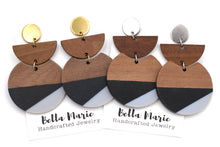 Load image into Gallery viewer, Black & Gray Resin & Wood Crescent Dangle Earrings