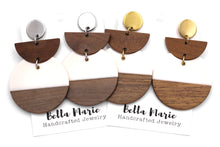 Load image into Gallery viewer, White Resin & Wood Crescent Dangle Earrings
