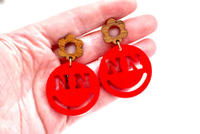 Load image into Gallery viewer, Nebraska Smiley Face Dangle Earrings
