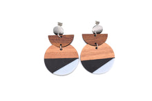 Load image into Gallery viewer, Black & Gray Resin & Wood Crescent Dangle Earrings