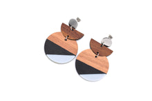 Load image into Gallery viewer, Black & Gray Resin & Wood Crescent Dangle Earrings