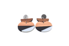 Load image into Gallery viewer, Black & Gray Resin & Wood Crescent Dangle Earrings