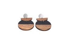 Load image into Gallery viewer, Black Resin & Wood Crescent Dangle Earrings