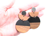 Load image into Gallery viewer, Black Resin & Wood Crescent Dangle Earrings