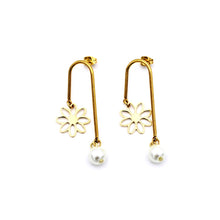 Load image into Gallery viewer, Gold Daisy & Pearl Asymmetrical Dangle Earrings