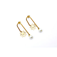 Load image into Gallery viewer, Gold Daisy & Pearl Asymmetrical Dangle Earrings