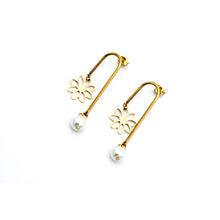 Load image into Gallery viewer, Gold Daisy & Pearl Asymmetrical Dangle Earrings