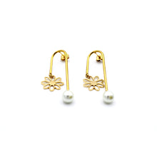 Load image into Gallery viewer, Gold Daisy & Pearl Asymmetrical Dangle Earrings