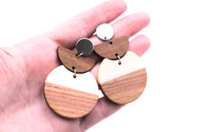Load image into Gallery viewer, White Resin & Wood Crescent Dangle Earrings
