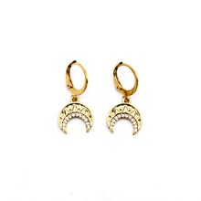 Load image into Gallery viewer, Gold Rhinestone Crescent Huggie Hoops