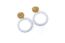 Load image into Gallery viewer, Blue Cutout Circle White Print Dangles