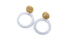 Load image into Gallery viewer, Blue Cutout Circle White Print Dangles