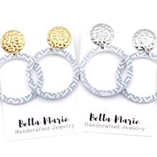 Load image into Gallery viewer, Blue Cutout Circle White Print Dangles