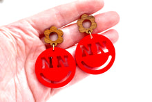 Load image into Gallery viewer, Nebraska Smiley Face Dangle Earrings