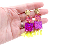 Load image into Gallery viewer, Pink & Purple Glitter Square Earrings