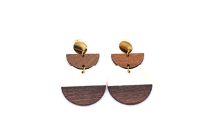 White Resin & Wood Crescent Dangle Earrings