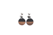 Load image into Gallery viewer, Black Resin &amp; Wood Circle Dangle Earrings
