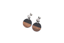 Load image into Gallery viewer, Black Resin &amp; Wood Circle Dangle Earrings
