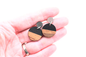 Black Resin & Wood Circle Dangle Earrings