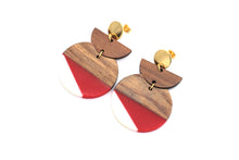 Load image into Gallery viewer, Red &amp; White Resin &amp; Wood Crescent Dangle Earrings
