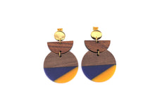 Load image into Gallery viewer, Blue &amp; Orange Resin &amp; Wood Crescent Dangle Earrings
