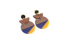 Load image into Gallery viewer, Blue &amp; Orange Resin &amp; Wood Crescent Dangle Earrings
