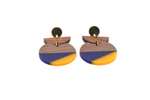 Load image into Gallery viewer, Blue &amp; Orange Resin &amp; Wood Crescent Dangle Earrings
