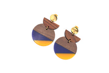 Load image into Gallery viewer, Blue &amp; Orange Resin &amp; Wood Crescent Dangle Earrings
