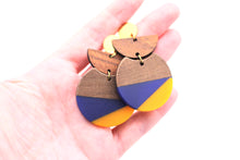 Load image into Gallery viewer, Blue &amp; Orange Resin &amp; Wood Crescent Dangle Earrings
