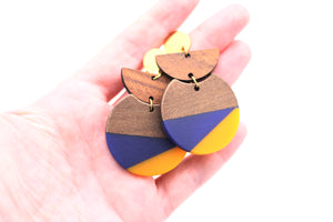 Blue & Orange Resin & Wood Crescent Dangle Earrings