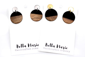 Black Resin & Wood Circle Dangle Earrings