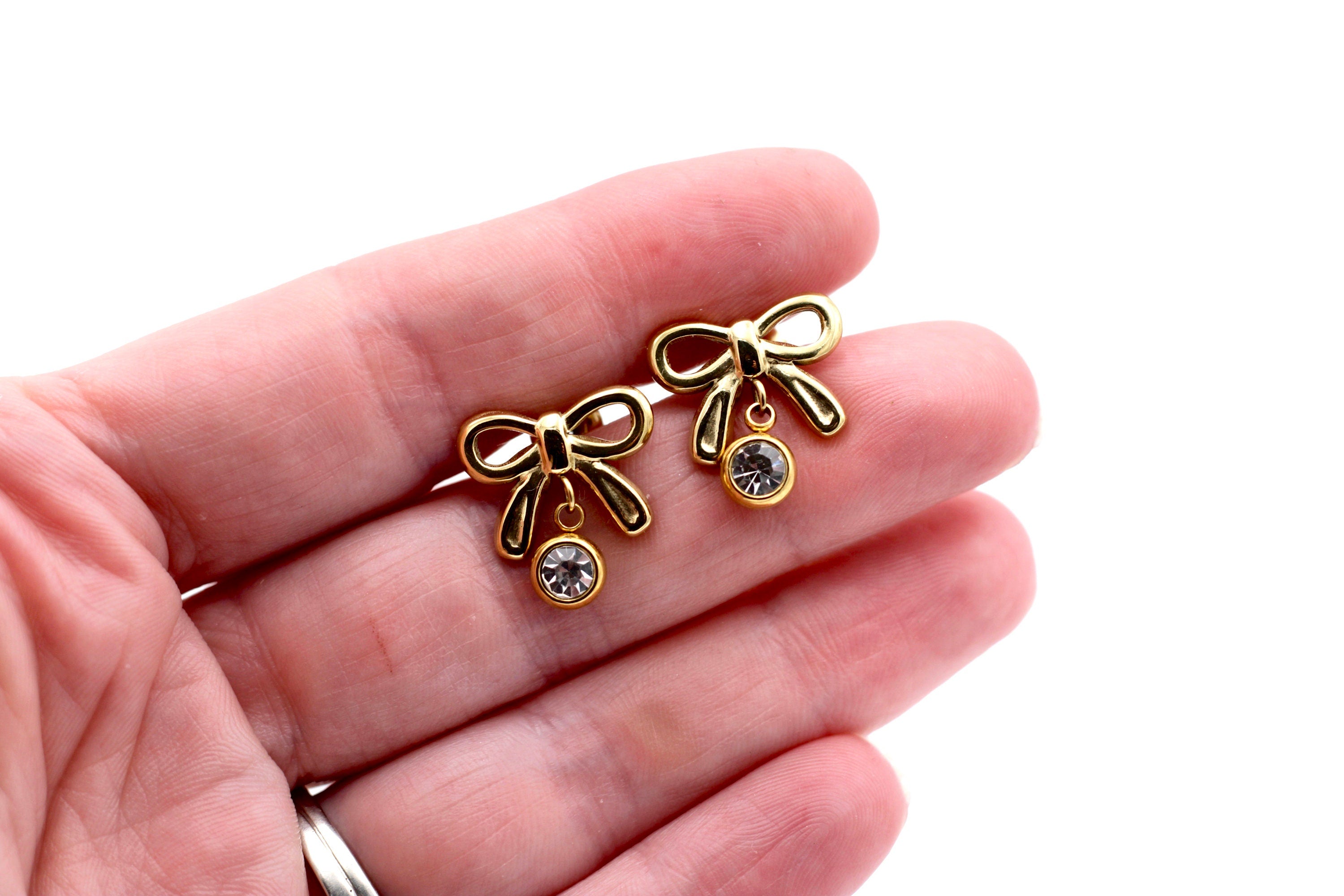 Gold Bow Earrings, Dainty Bow Earrings, Rhinestone Bow Earrings, Gold Dainty Earrings, Cute Dangle Earrings, Small Dangle Earrings