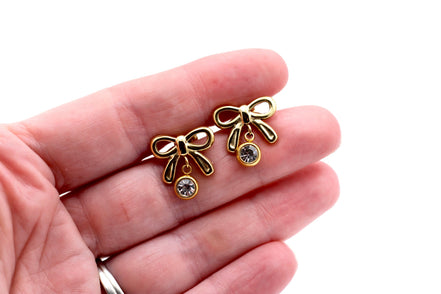 Gold Bow Earrings, Dainty Bow Earrings, Rhinestone Bow Earrings, Gold Dainty Earrings, Cute Dangle Earrings, Small Dangle Earrings