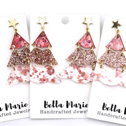 Pink Glitter Christmas Tree Earrings