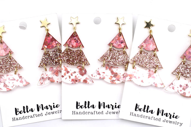 Pink Glitter Christmas Tree Earrings