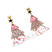 Pink Glitter Christmas Tree Earrings