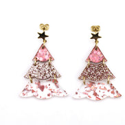 Pink Glitter Christmas Tree Earrings
