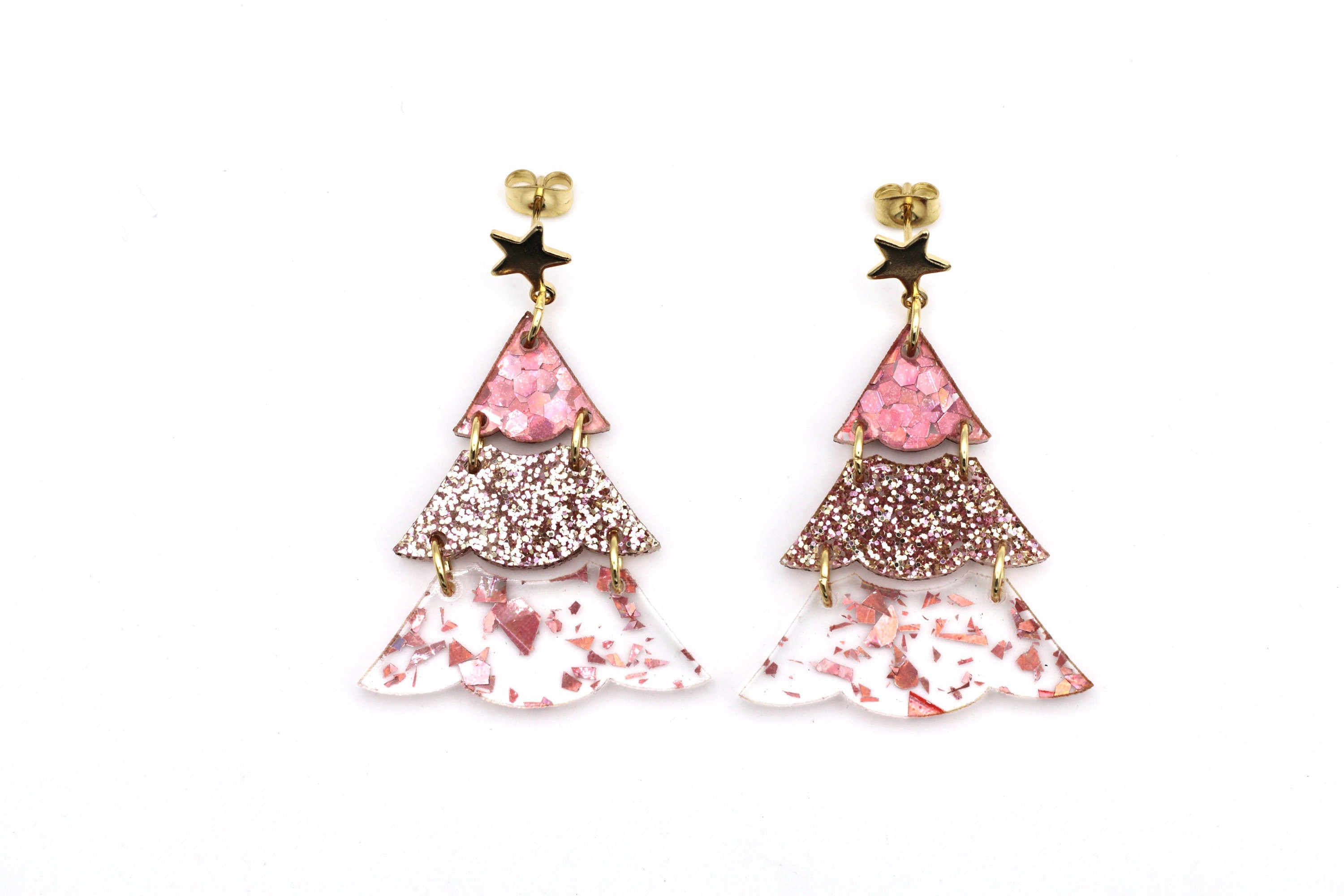 Pink Glitter Christmas Tree Earrings