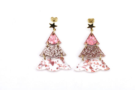 Pink Glitter Christmas Tree Earrings