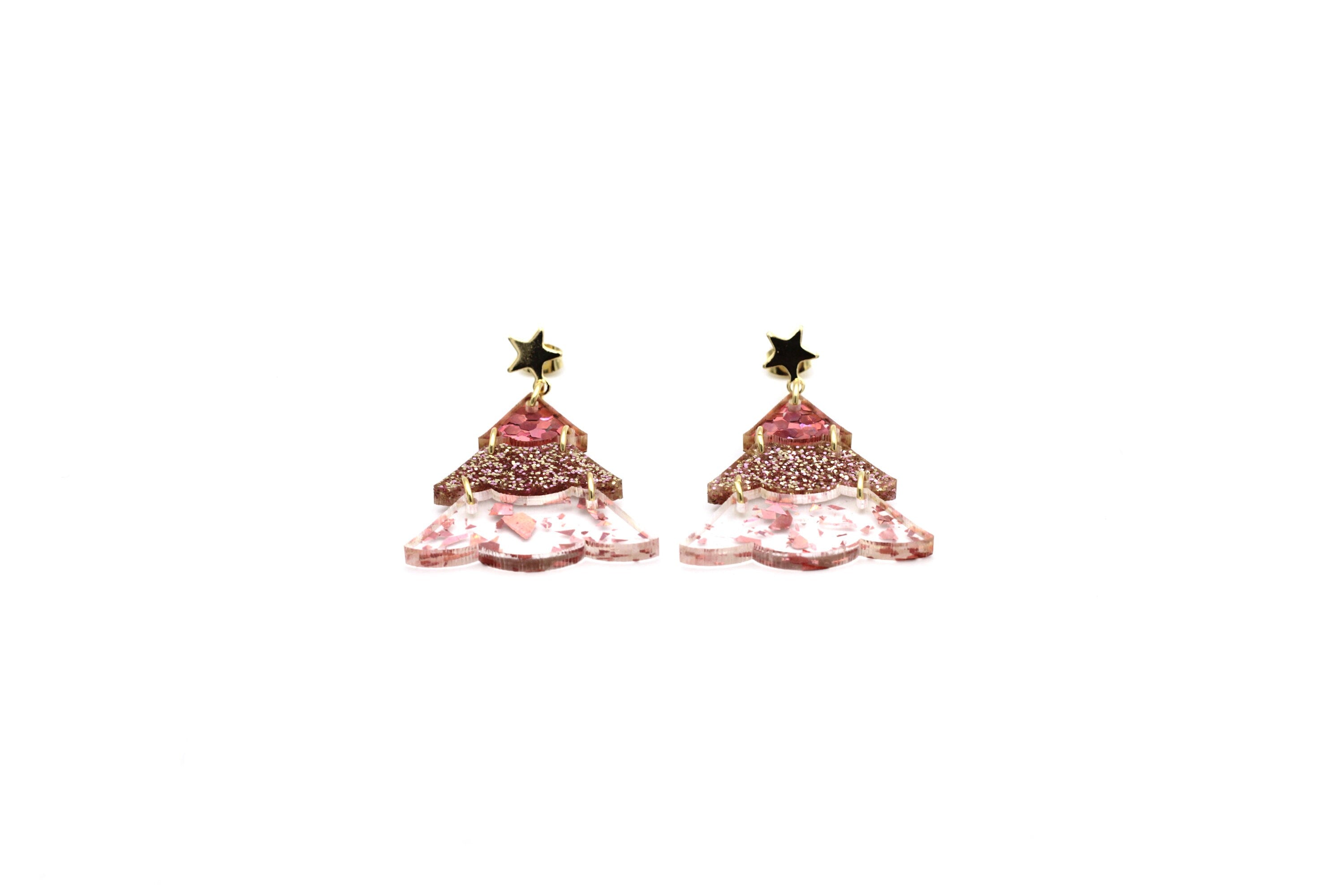 Pink Glitter Christmas Tree Earrings